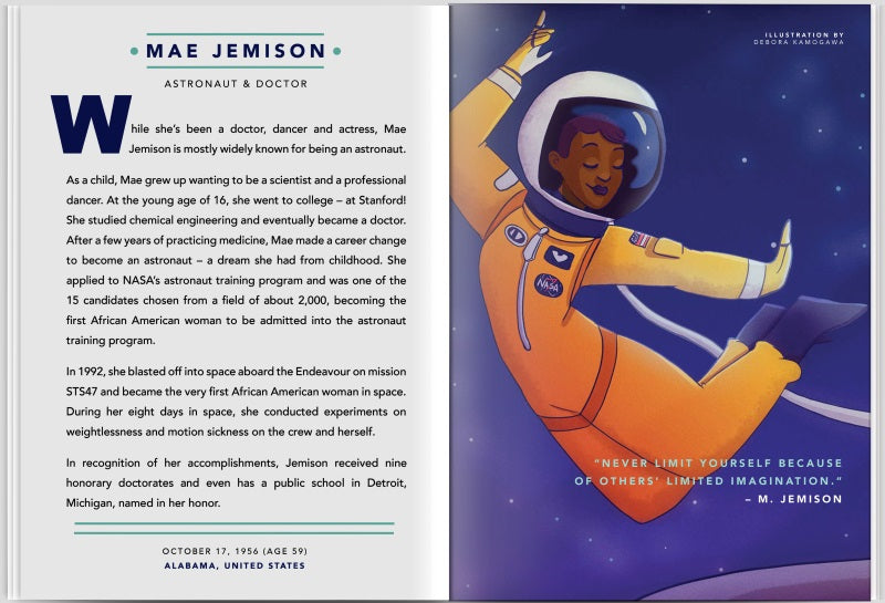 Good Night Stories For Rebel Girls book page showing Mae Jemison, astronaut and doctor, with colorful illustration.