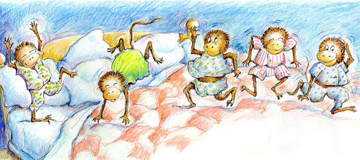Illustration of five little monkeys jumping on a bed wearing colorful pajamas from Five Little Monkeys board book.