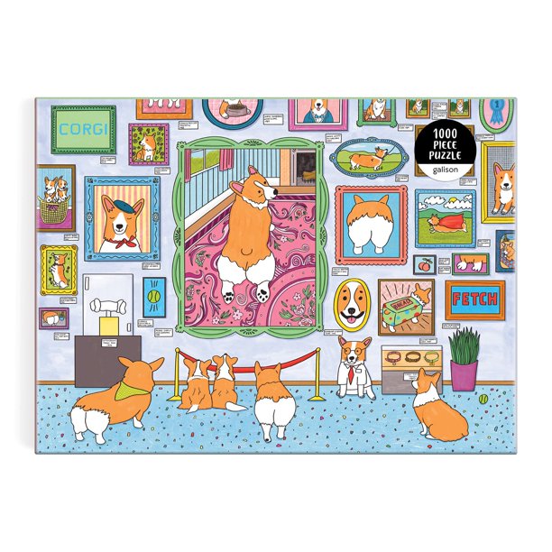1000pc Museum of the Corgi Puzzle featuring colorful corgis exploring an illustrated museum gallery scene.