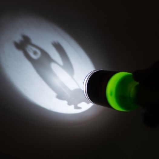 Wildlife Tent Projector casting an animal shadow with bright LED flashlight and interchangeable image disks.