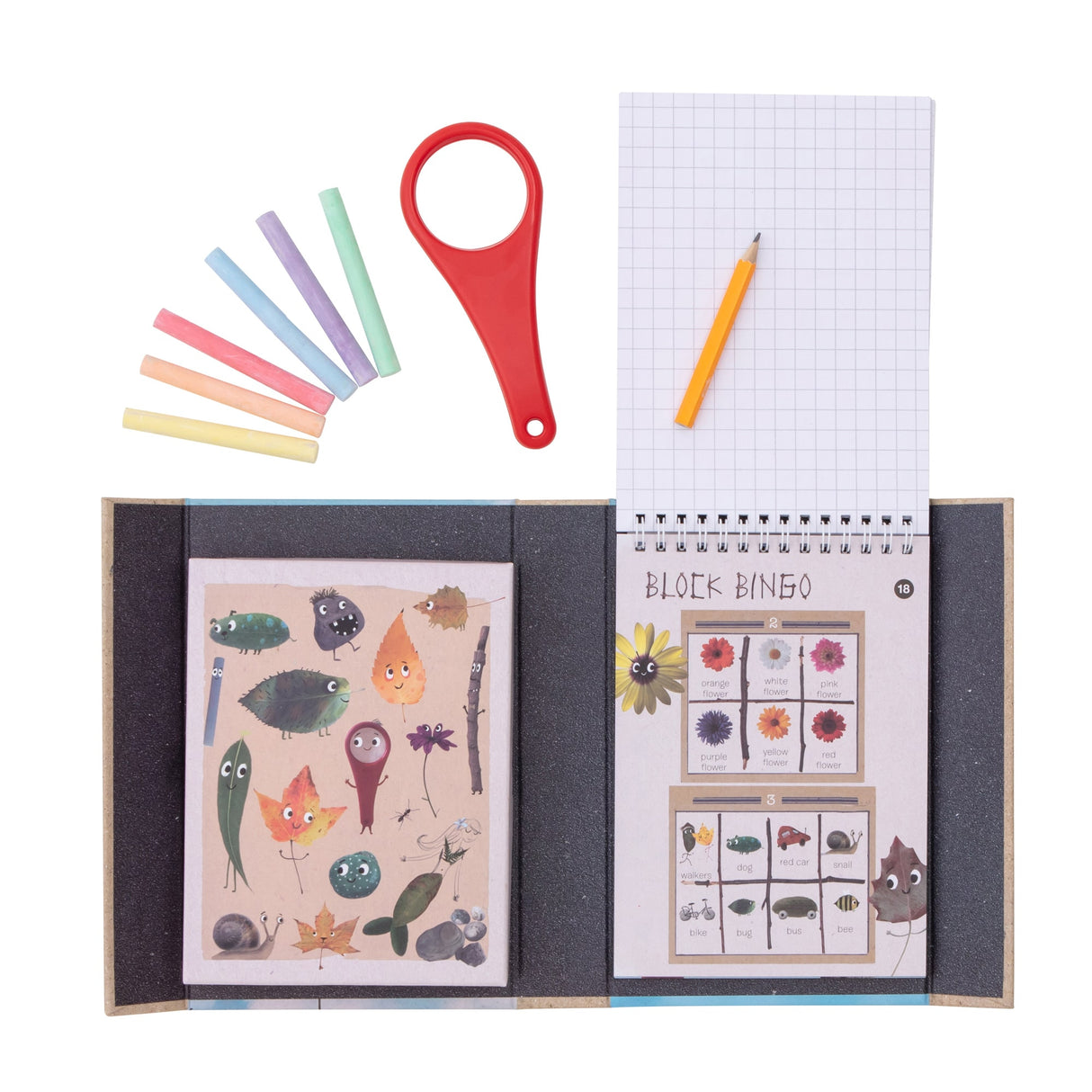 Outdoor Activity Set | Back to Nature with magnifying glass, colored chalk, pencil, activity book, and storage box for kids.
