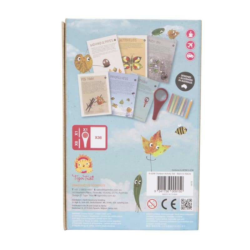 Outdoor Activity Set | Back to Nature with magnifying glass, chalk, pencil, activity book, and storage box for kids outdoors.