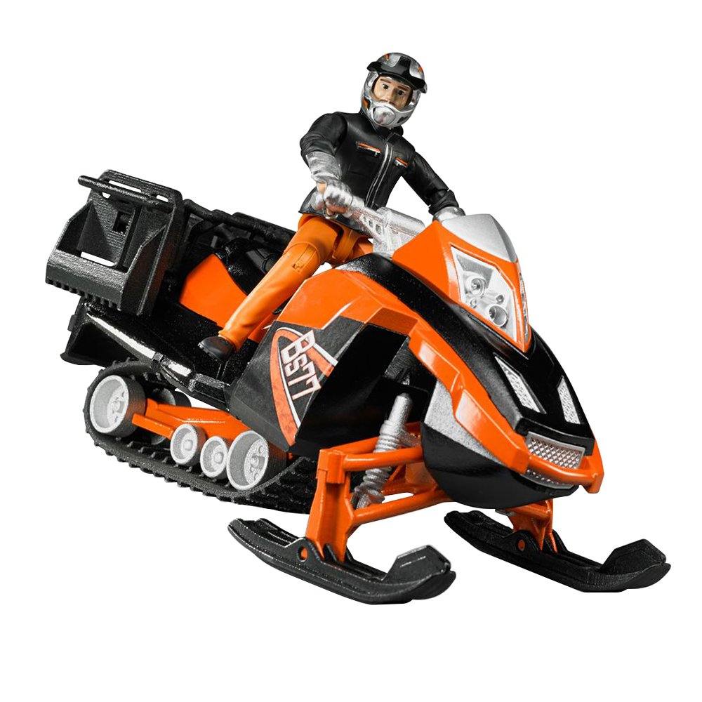 BRUDER Snowmobile toy with driver in racing gear, detailed skis, rear luggage rack, and sporty orange design.