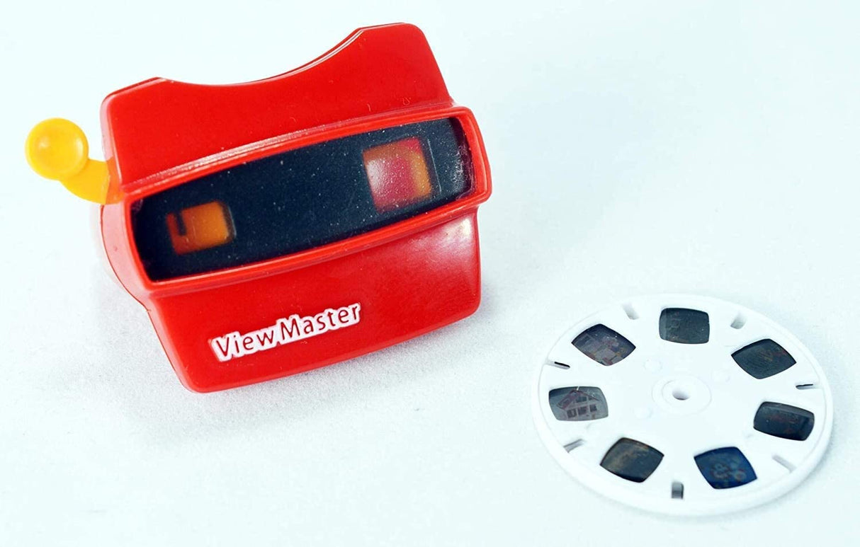 World's Smallest Viewmaster in red with yellow lever and 7-image reel, retro miniature toy for ages 8 and up.