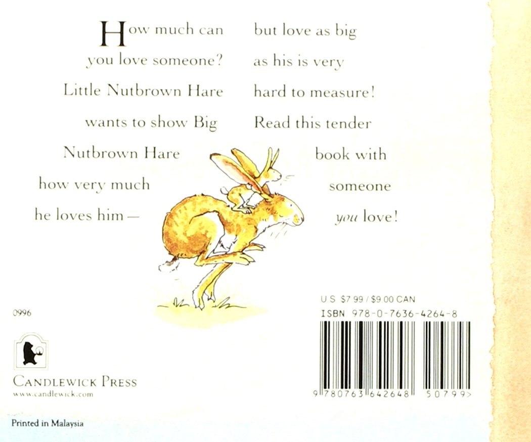 Guess How Much I Love You book back cover showing Little Nutbrown Hare hopping on Big Nutbrown Hare's back.