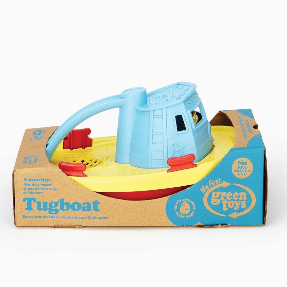 Tugboat Watering Can in blue and yellow made from recycled plastic, safe and colorful bath toy for kids.