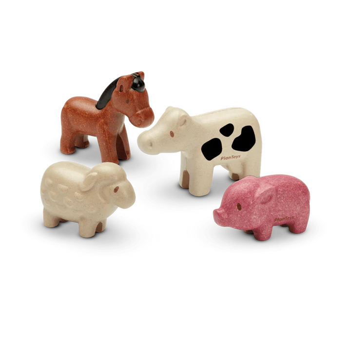 Farm Animals wooden set featuring pig, sheep, cow, and horse made from sustainable PlanWood material.