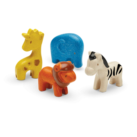 Wild Animals wooden toy set featuring giraffe, elephant, lion, and zebra for creative play and learning.
