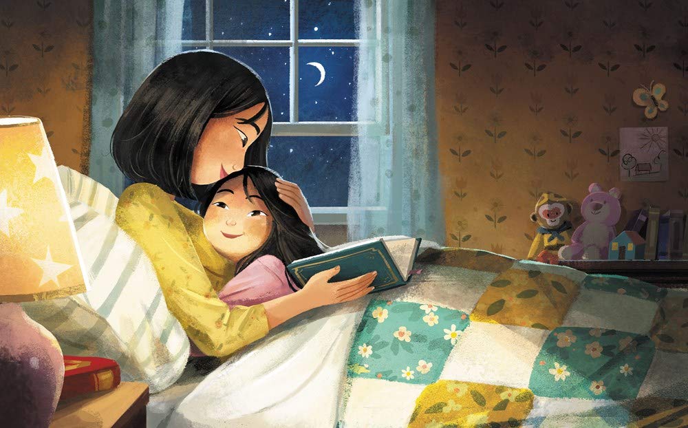 Illustration from Eyes that Kiss in the Corners showing a loving mother reading to her daughter at bedtime.