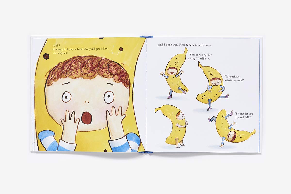Second Banana book illustration showing a child surprised and kids dressed as bananas in a school play.
