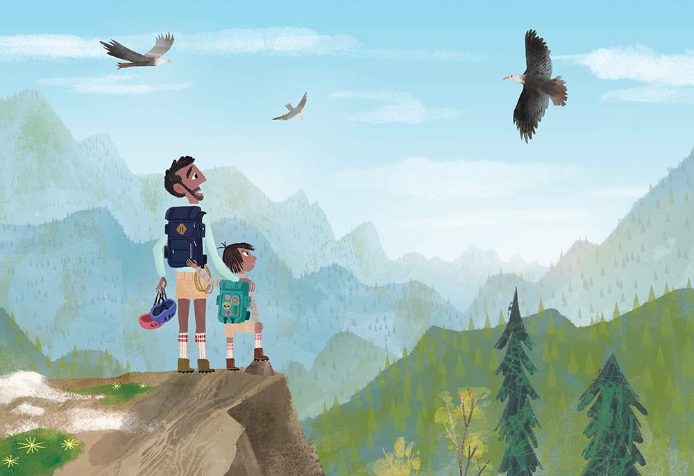 Hike shows a father and child standing on a mountain cliff watching birds soar over forested peaks at dawn.
