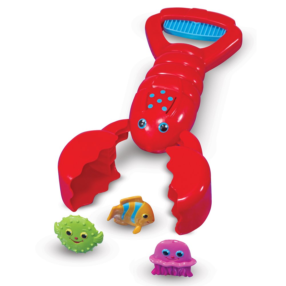 Bright red Lobster Claw Grabber with three colorful fishy sinkers for fun indoor and outdoor play.