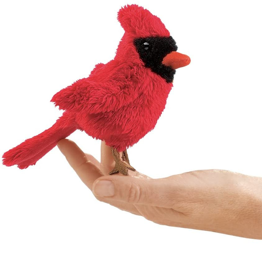 Cardinal Finger Puppet, a small red plush bird resting on a fingertip, perfect for imaginative play and nature lovers.