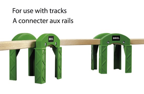 Stacking Supports green bridge piers holding wooden railway tracks elevated for building multi-level BRIO railways.