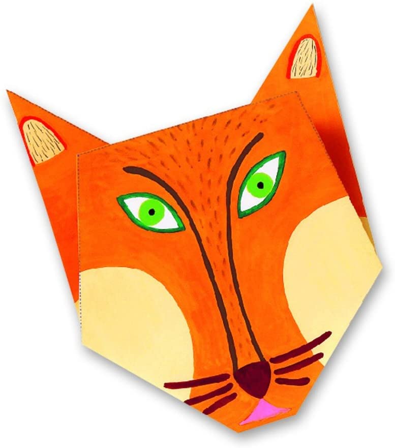 Origami Animals kit featuring a bright orange fox face made from folded paper, perfect for kids’ crafts.