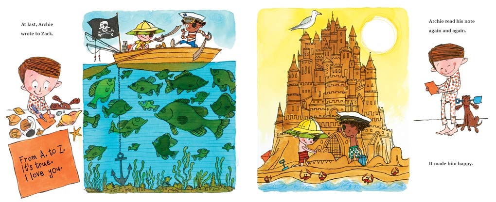 From Archie to Zack book illustration shows Archie writing letters and imaginative scenes of friendship and love.