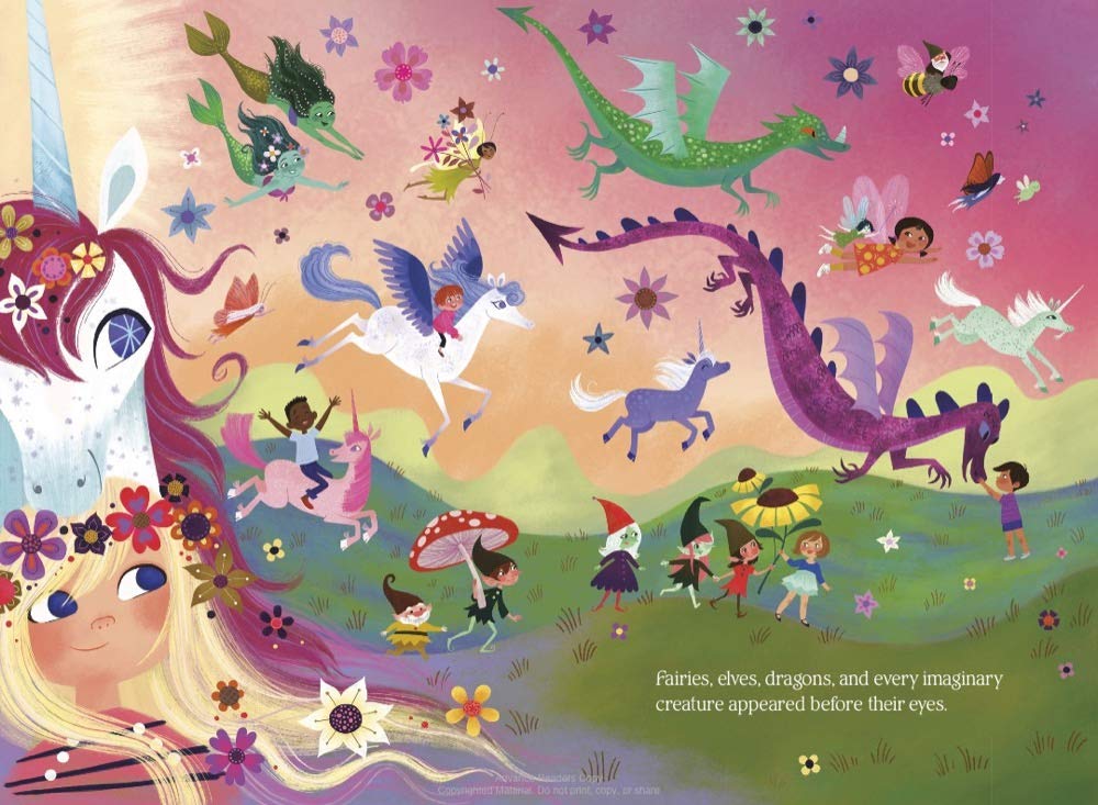 Illustration from Uni the Unicorn in the Real World showing magical creatures and children playing in a colorful landscape.