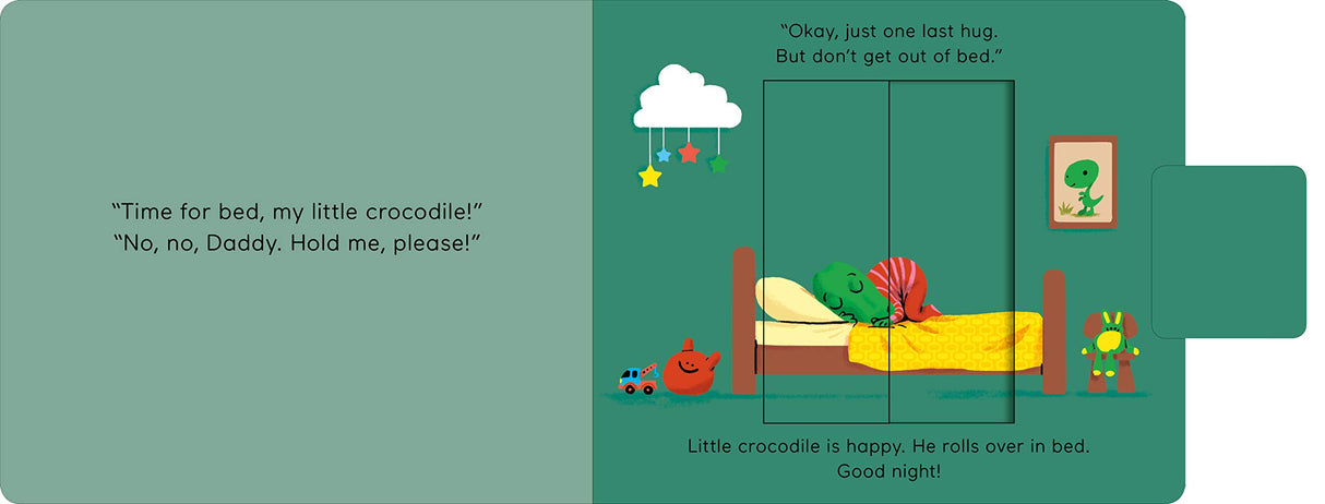 Time For Bed: Pull & Play showing little crocodile in bed asking for one last hug before sleep on a colorful board book page.