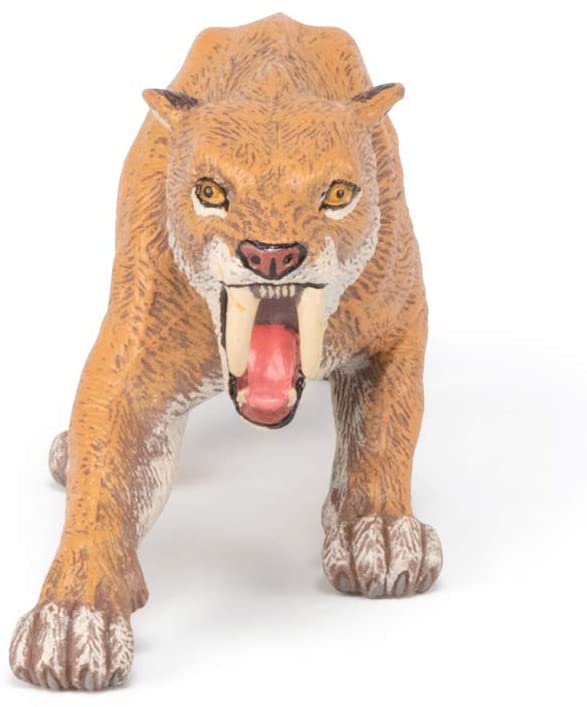 Smilodon toy figure snarling with sharp teeth, detailed fur, and realistic claws, perfect for ages 5 and up.