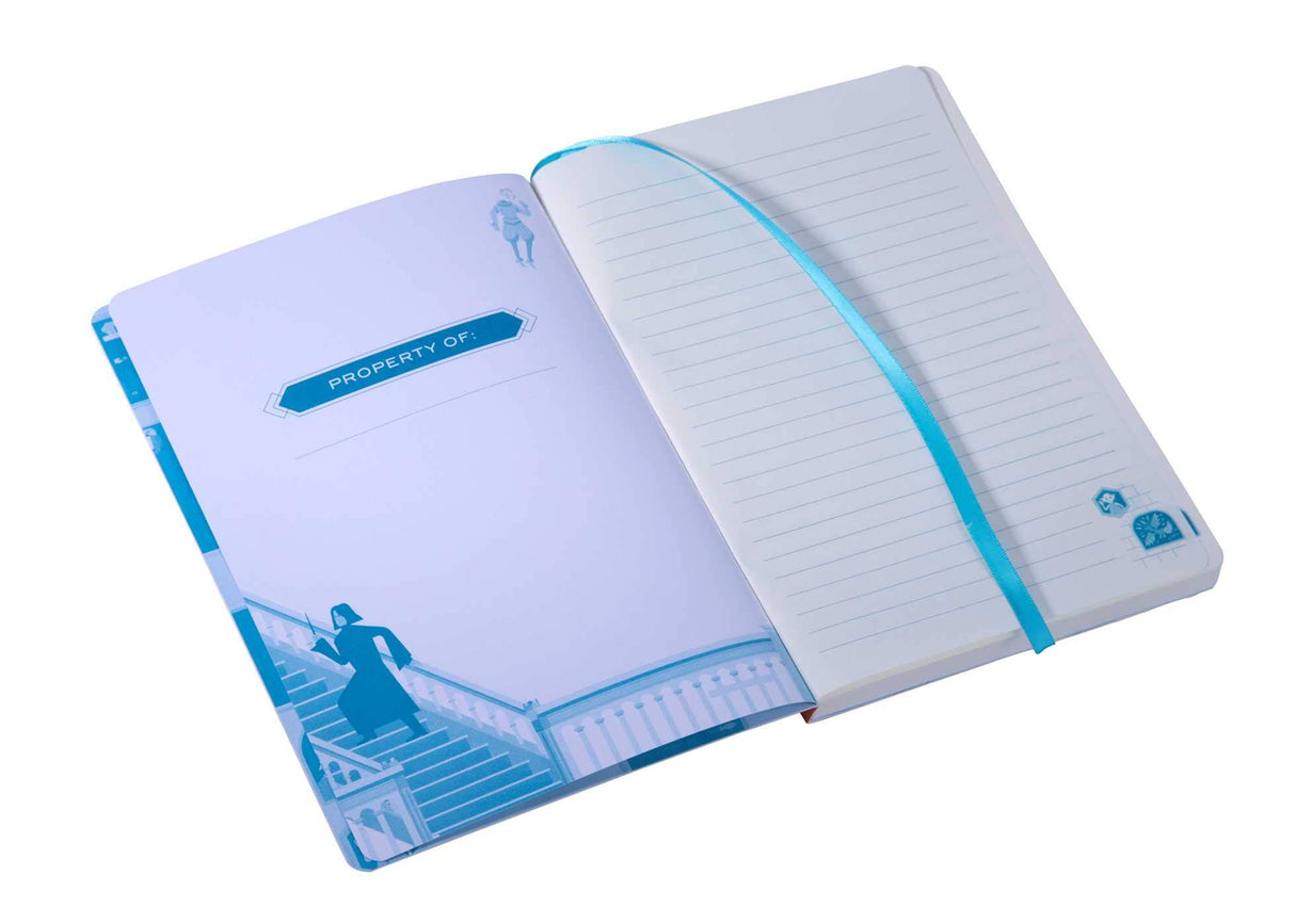 Hogwarts Grand Staircase Notebook open to lined pages with blue ribbon placeholder and whimsical staircase artwork.