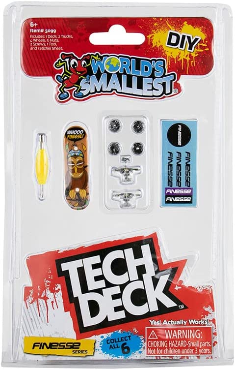 World's Smallest Tech Deck DIY fingerboard kit with deck, trucks, wheels, screws, tool, and sticker sheet in packaging.