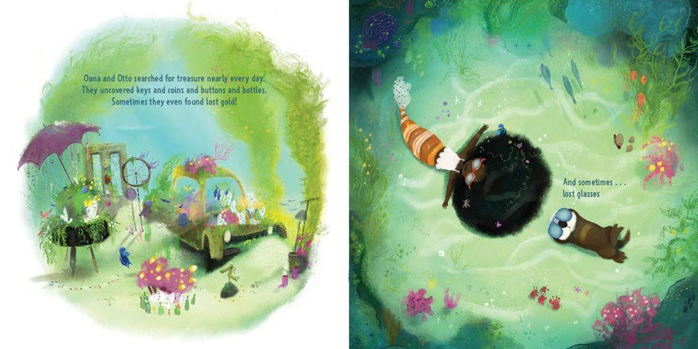 Two-page spread from Oona showing underwater treasure hunt scenes with colorful sea life and playful characters Oona and Otto.