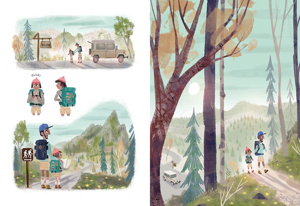 Illustration from Hike showing a father and child exploring a forest trail surrounded by mountains and trees.