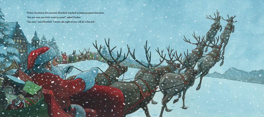 Dasher: How a Brave Little Doe Changed Christmas Forever shows Santa guiding his sleigh with reindeer on a snowy night.