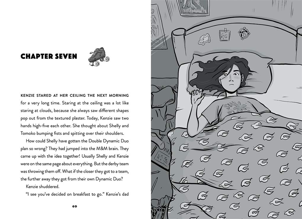 Derby Daredevils book illustration of a girl lying in bed looking thoughtful on a patterned pillow.