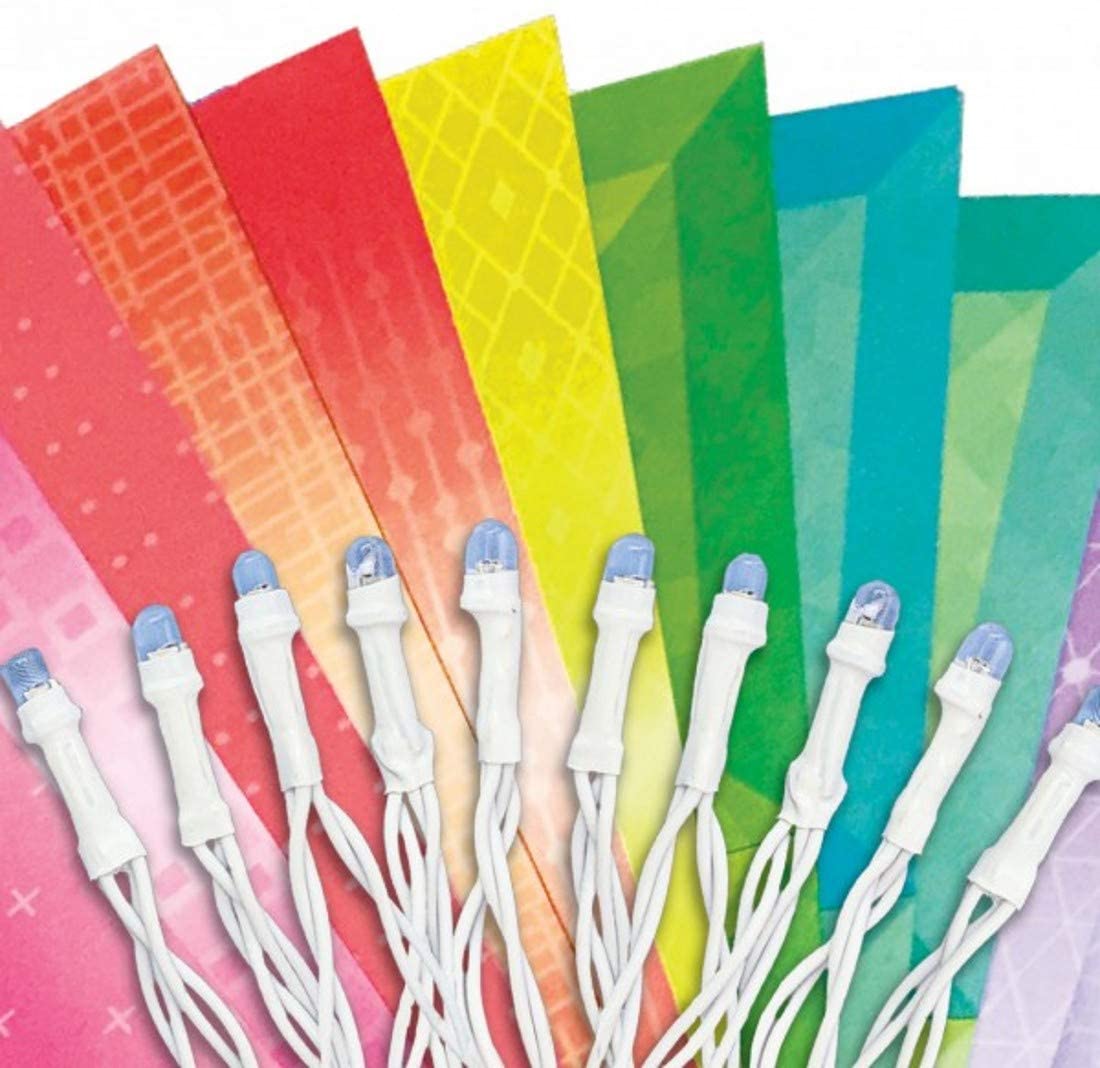 Origami Lights string of 10 LEDs with colorful origami paper for floral folding craft and decoration.