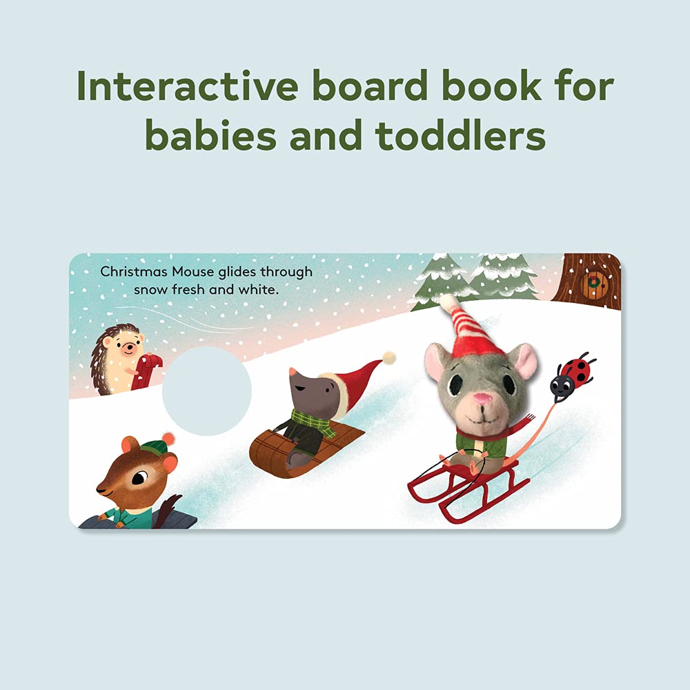 Christmas Mouse with Finger Puppet board book featuring a festive mouse sledding in snow for babies and toddlers.
