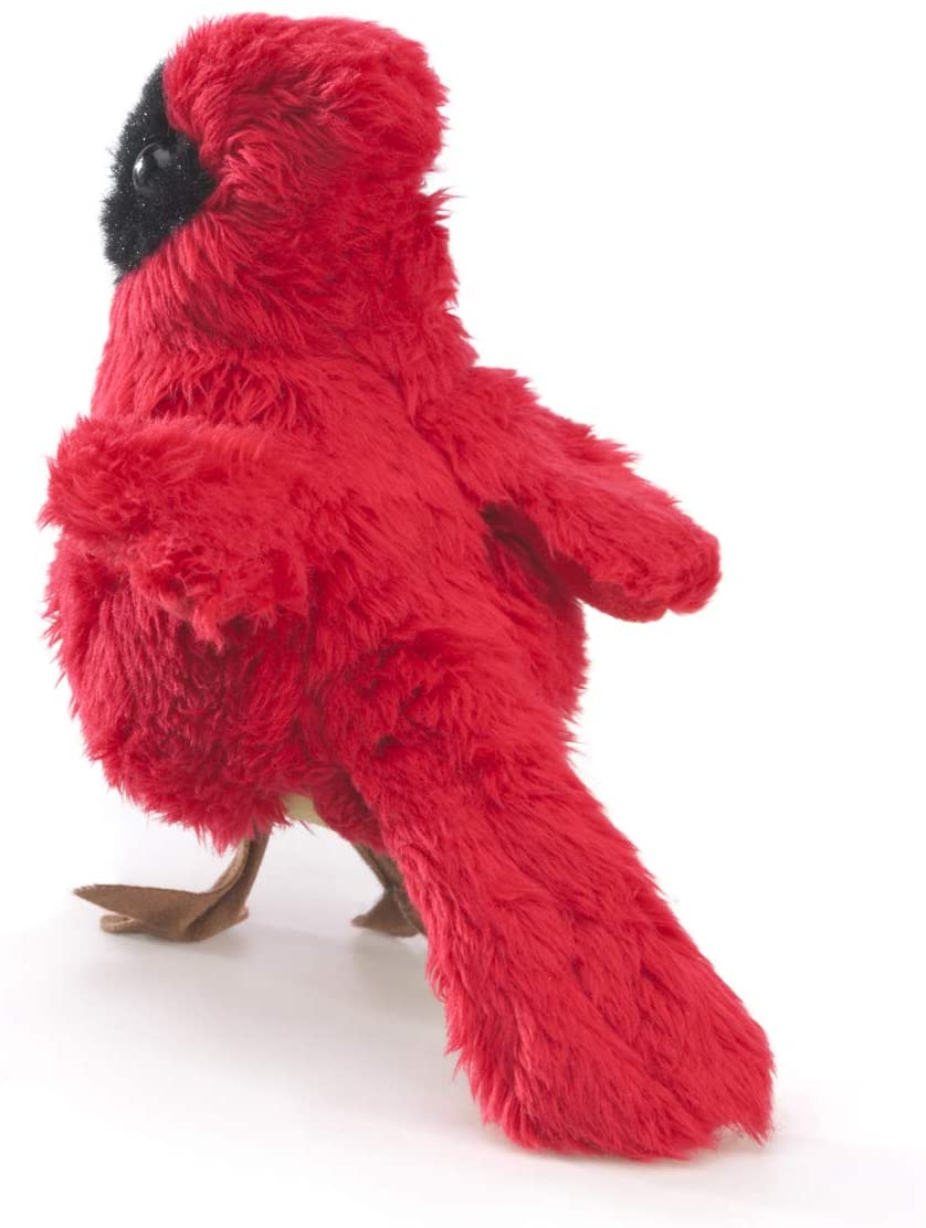Soft red plush Cardinal Finger Puppet with black face details and brown feet, perfect for imaginative play.