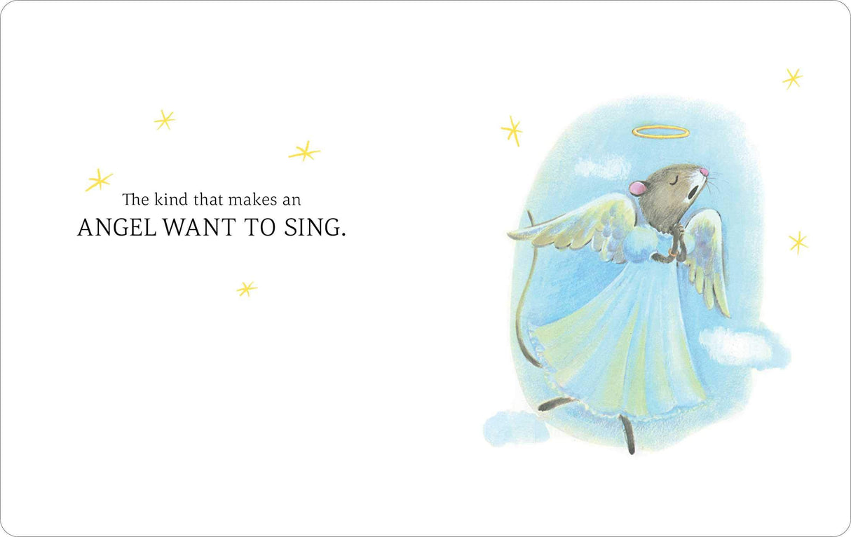 Santa Mouse illustration of a mouse dressed as an angel with wings and a halo in a Christmas storybook.