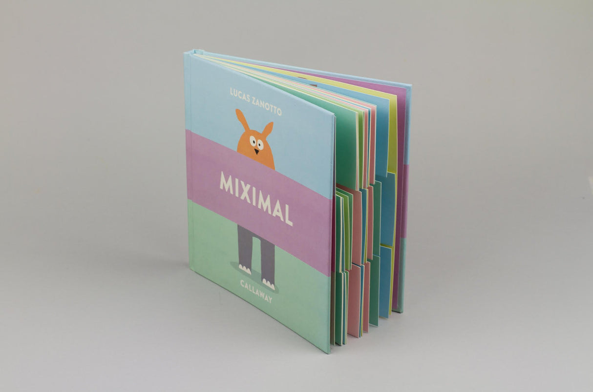 Miximal colorful die-cut children's book by Lucas Zanotto for learning animal names, spelling, and pronunciation.