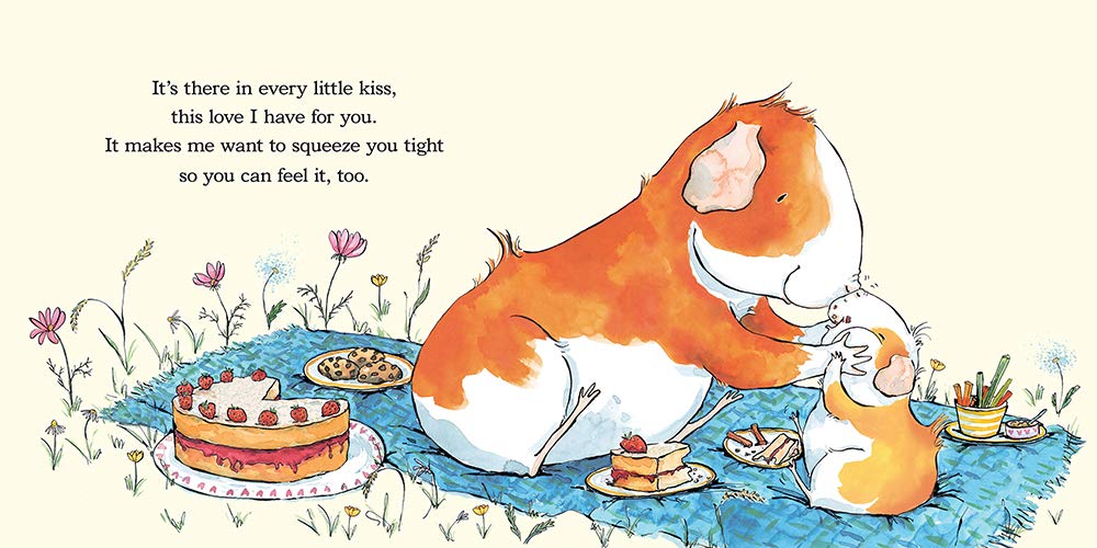 Illustration from I Love You Little One showing two guinea pigs sharing a loving picnic with cake and flowers.