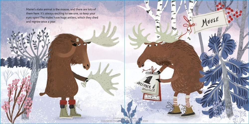 Welcome to Maine book illustration showing a cheerful moose learning about antlers in a snowy forest scene.