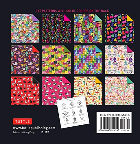 Origami Paper Cat Patterns pack showing 12 colorful cat designs with solid color backs and origami instruction booklet.