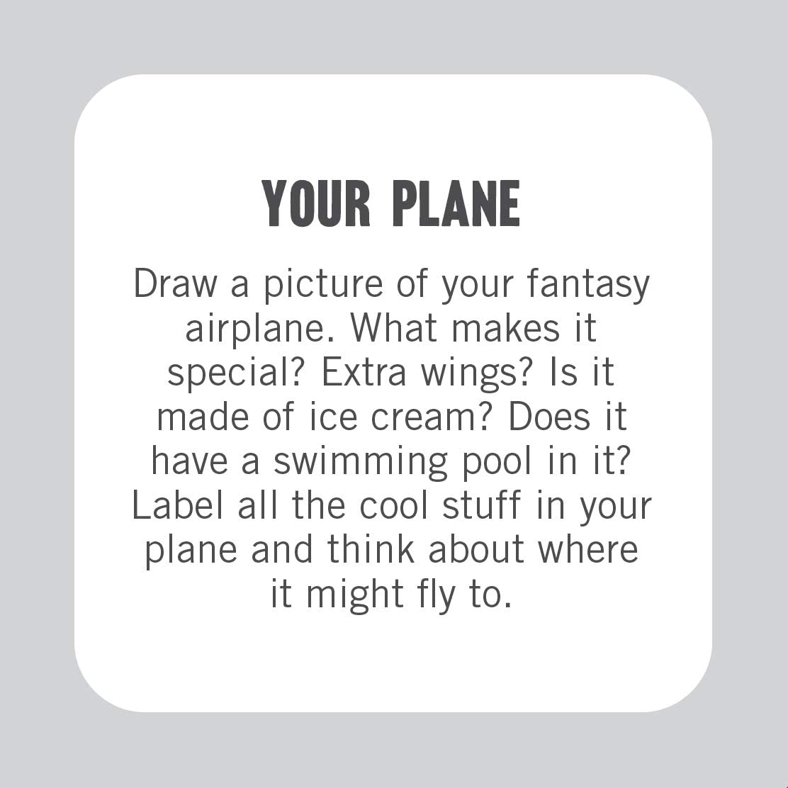50 Fun Things To Do on a Plane Tin card with a creative drawing prompt about imagining a fantasy airplane.