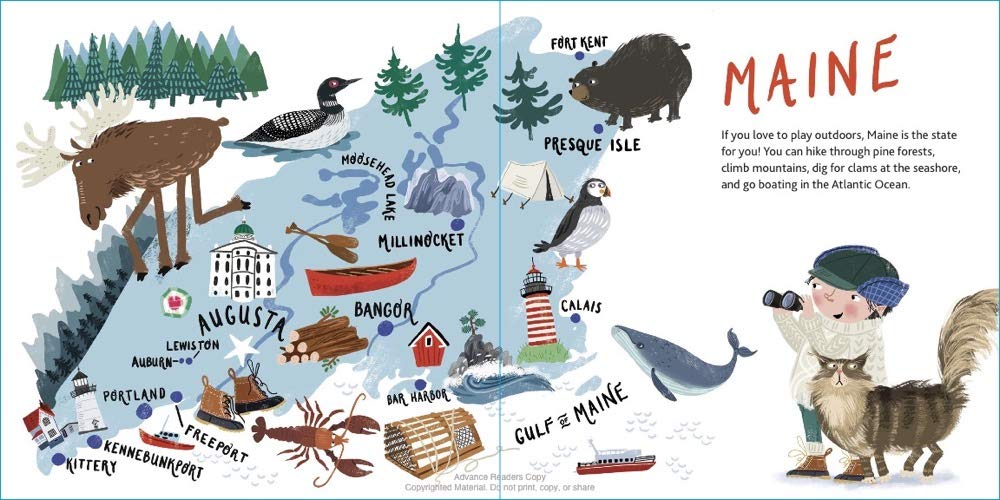 Welcome to Maine picture book map with animals, landmarks, and outdoor scenes for children ages 3-6.