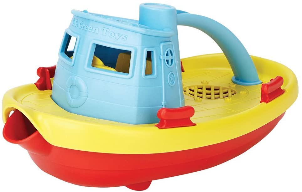 Tugboat Watering Can in red, yellow, and blue, a recycled plastic toy boat with a spout for pouring water.