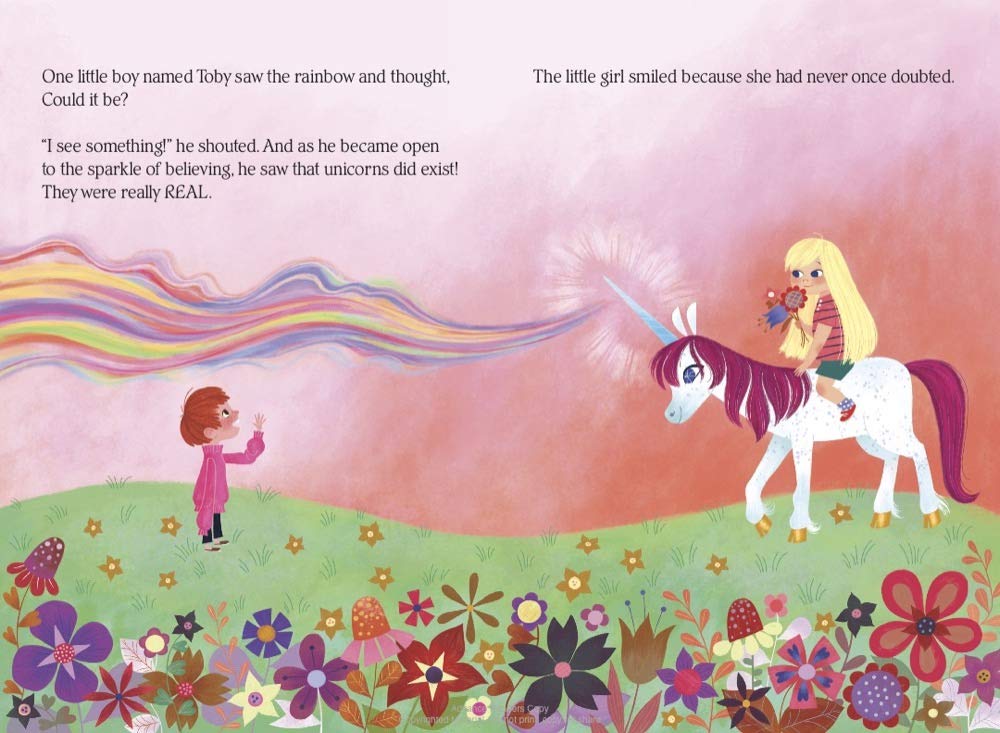 Uni the Unicorn in the Real World shows a boy seeing a magical unicorn with a girl riding it in a colorful field.
