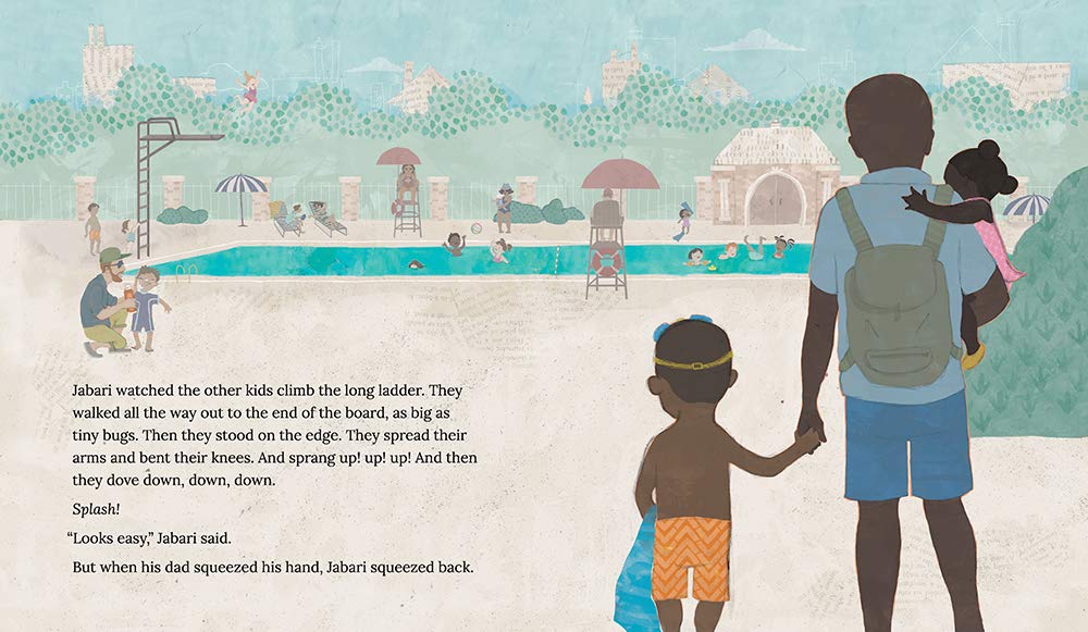 Illustration from Jabari Jumps showing a boy holding his dad’s hand, ready to jump into a swimming pool.