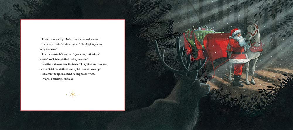 Dasher: How a Brave Little Doe Changed Christmas Forever shows Santa with gifts by a sleigh and reindeer in moonlit woods.