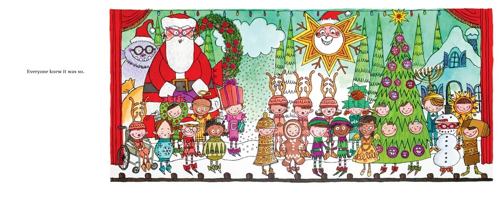 Illustration from From Archie to Zack showing children in holiday costumes with Santa and festive decorations.