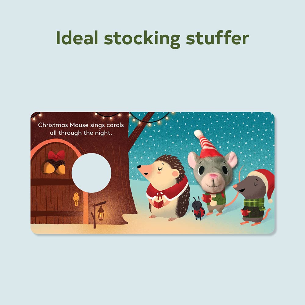 Christmas Mouse with Finger Puppet board book page showing festive mouse and friends singing carols in snow.