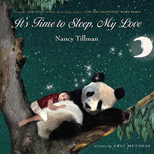 It's Time to Sleep My Love book cover showing a child sleeping on a panda under a starry night sky.