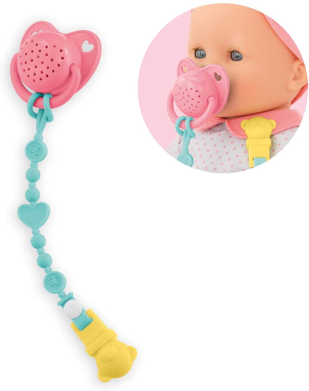 Pacifier with Sounds in pink and blue attached to baby doll with yellow clip, featuring 15 interactive sounds.