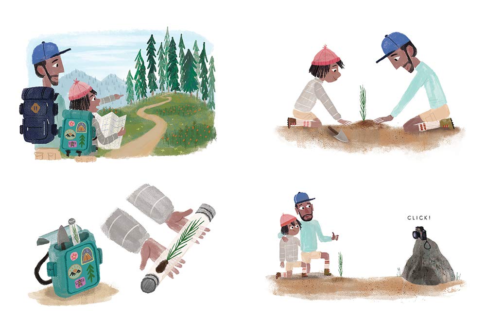Hike book scenes showing father and child hiking, planting saplings, and exploring nature together.