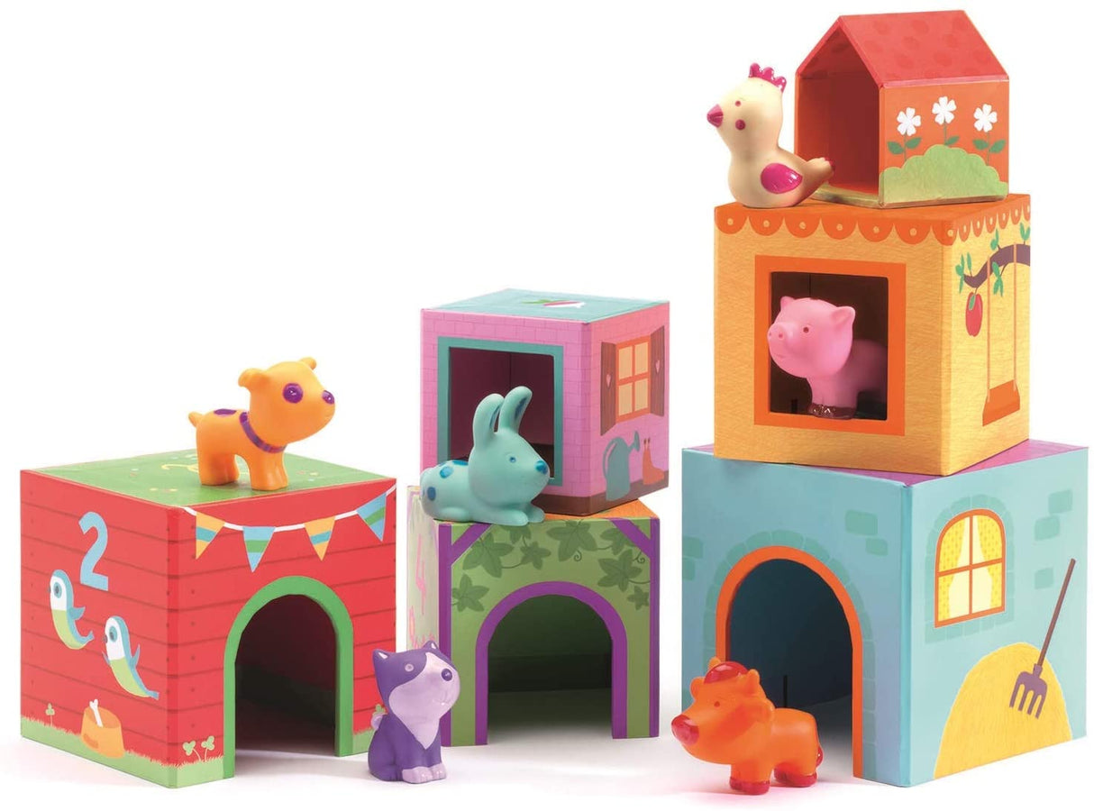 Topanifarm Nesting Blocks & Animals with colorful farm-themed stacking boxes and six cute farm animal figures.