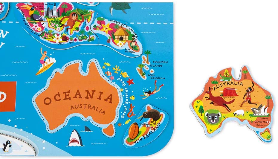 World Magnetic Map showing colorful Oceania region with Australia and surrounding islands featuring illustrations and names.
